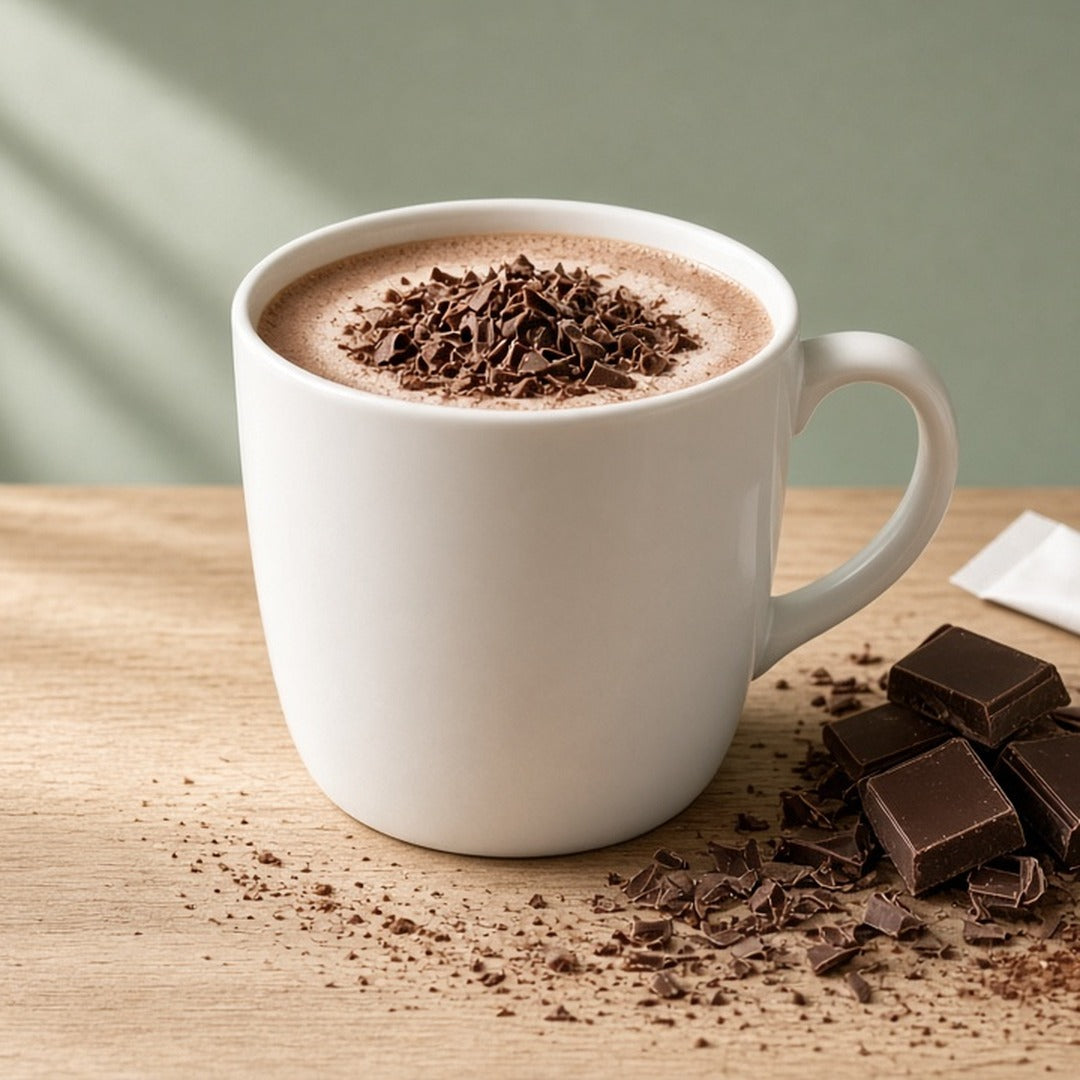 Skinny Delite Creamy Hot Cocoa Mix in a white mug topped with chocolate shavings